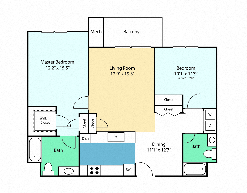 Floor plan for 2 beds, 2 baths, 1122 sqft